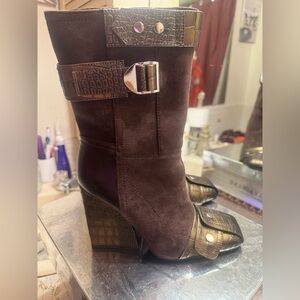 AKIRA Brown Suede & Metallic Croc Wedge Mid-Calf Boots